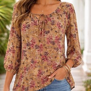 LOFT Women's Top Blouse Size M Blue Golden Brown Pink Floral Tie Neck